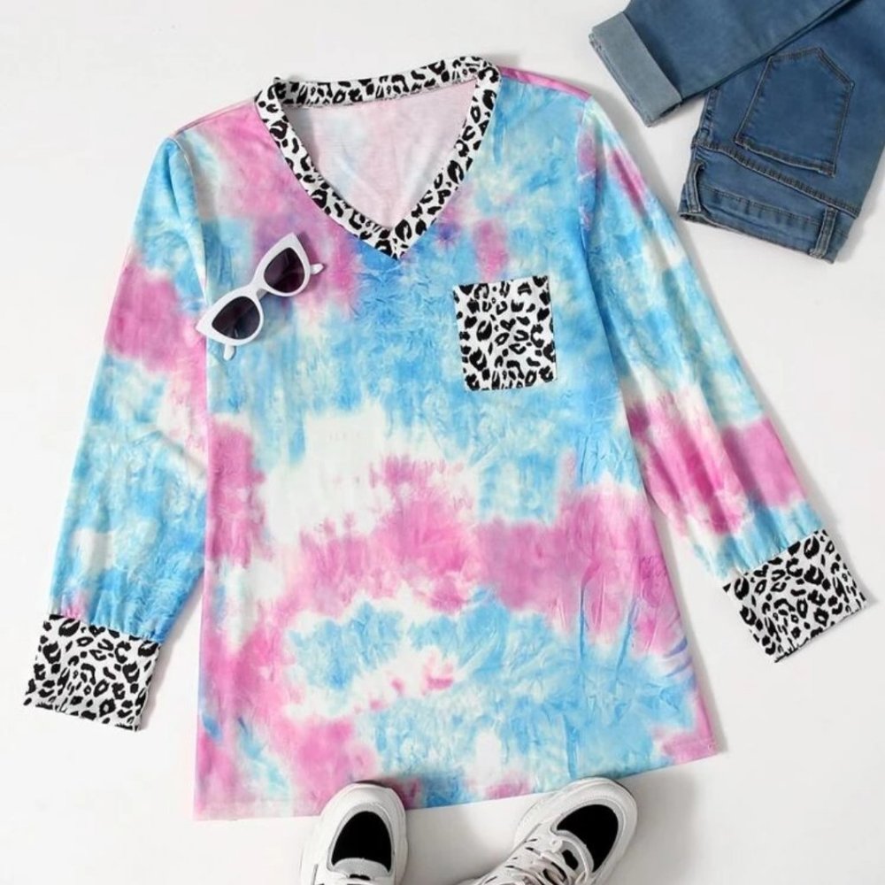 Plus Size Tie Dye top with Leopard Trim